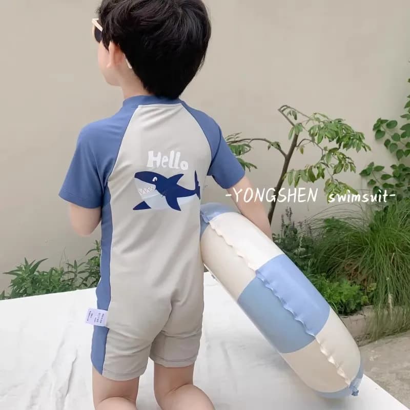 Boys' Short-Sleeve One-Piece Swim Suit: Cute Shark Design, UV Protection, Quick-Dry, for Summer Beach Vacations