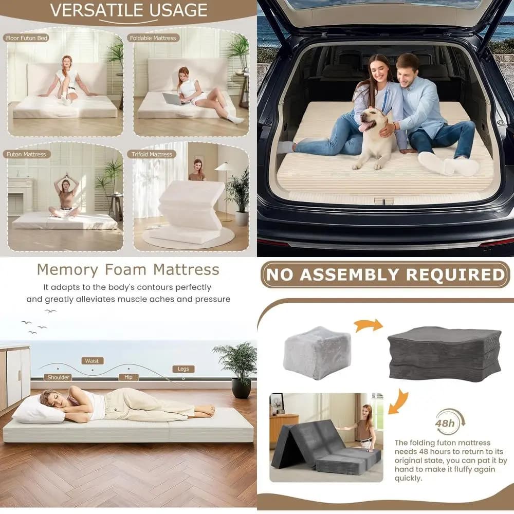 6 Divano letto Queen Futon - Materasso pieghevole in memory foam con rivestimento lavabile, antiscivolo e portatile per ospiti e campeggio