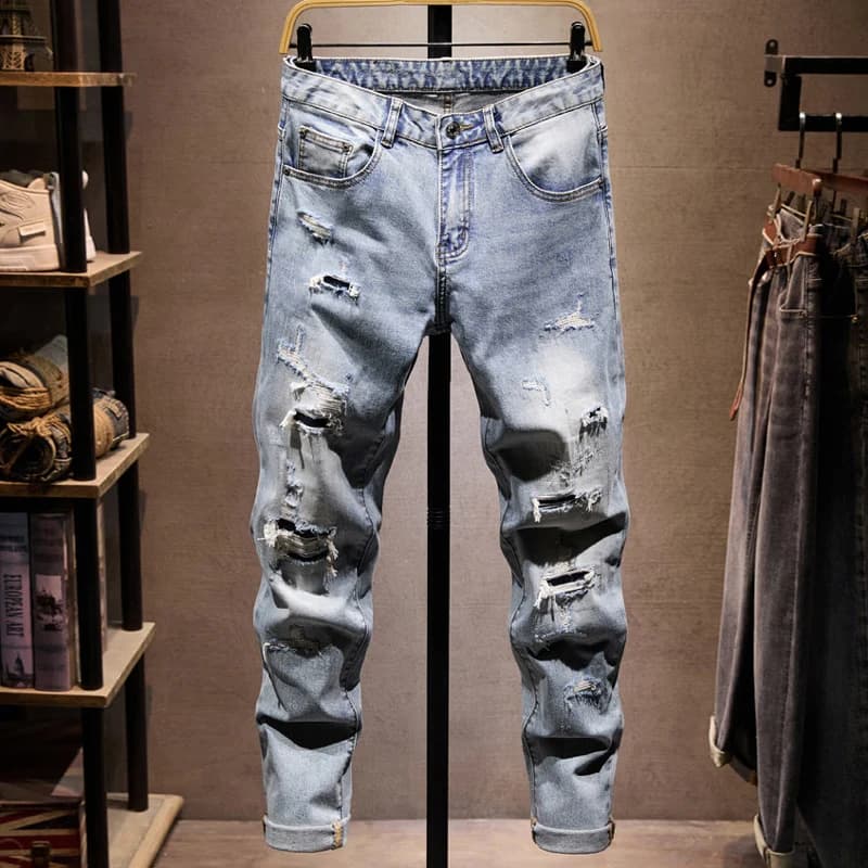 Street Style Fashion Designer Men Jeans Retro Light Blue Stretch Slim Fit Ripped Jeans Men Hole Patched Vintage Denim Pants