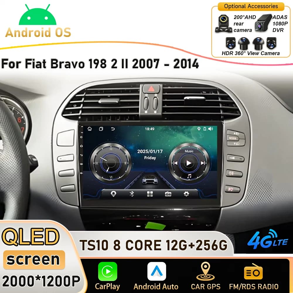Autoradio Android 16 for Fiat Bravo 198 2 II 2007 - 2014, Touchscreen Plug and Play, high-performance CPU, GPS Navigation, Dash Cam HDR