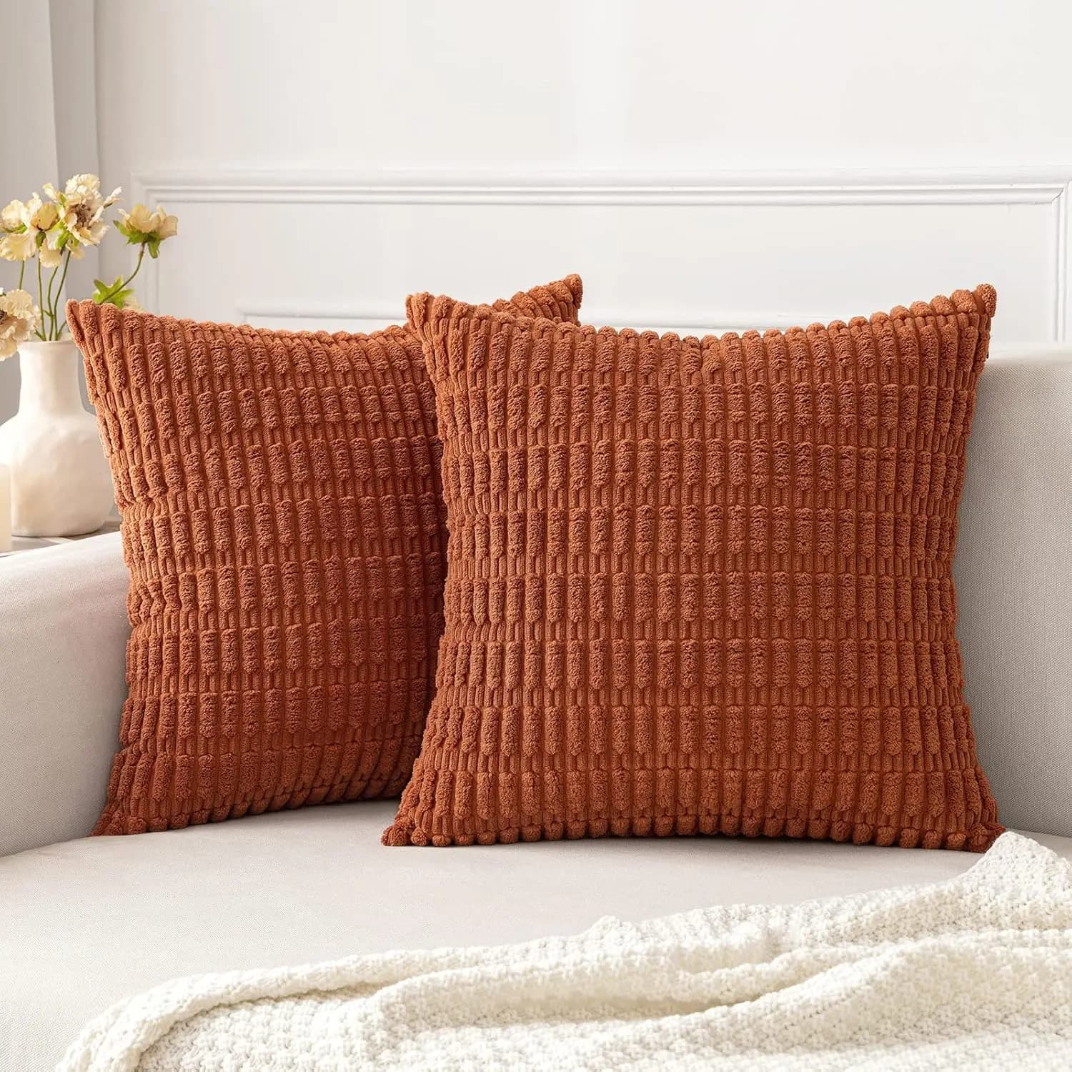 18x18 inch 18x18 ribbed velvet decorative pillow lining for Boho striped autumn cushions soft decorations for modern farm house for sofa bed