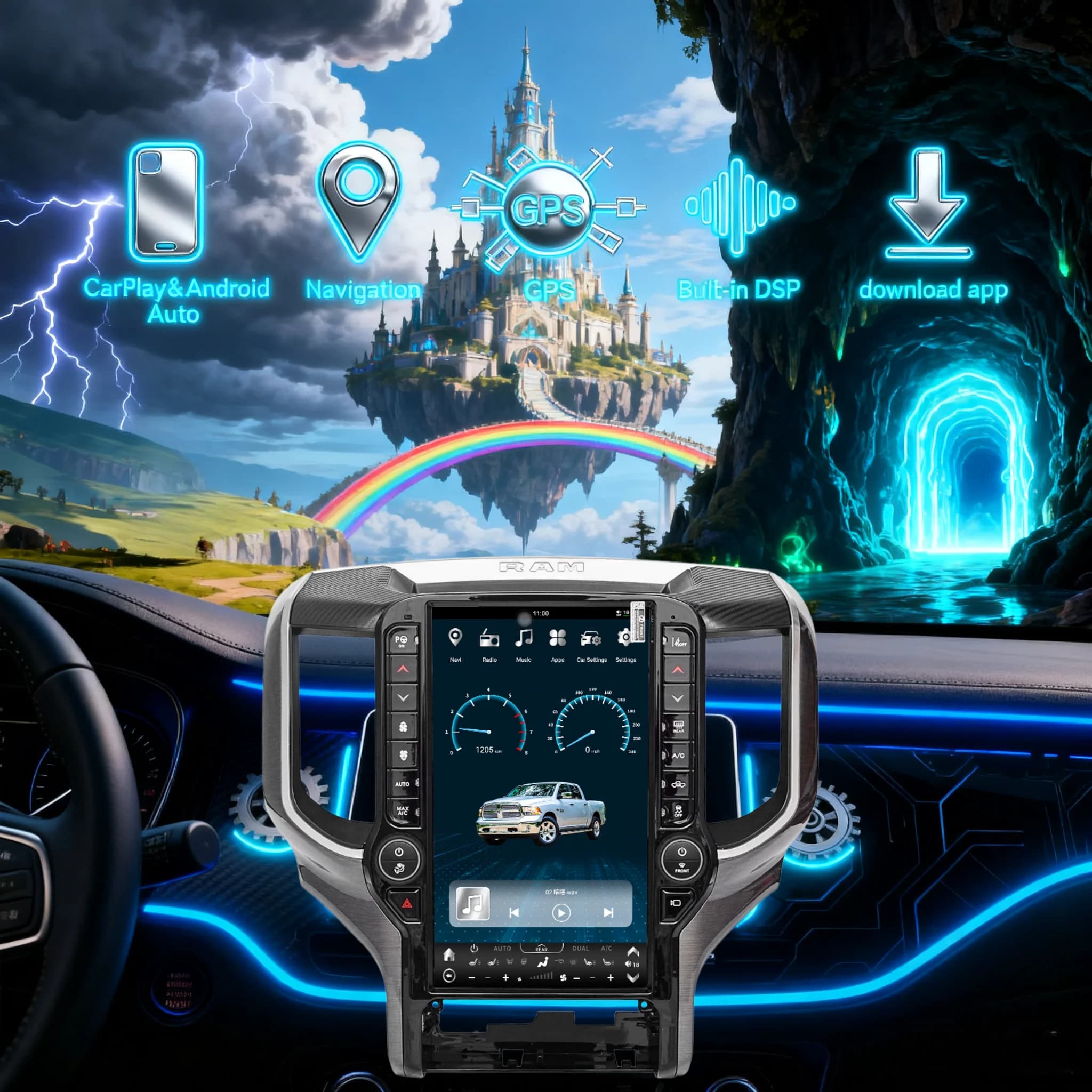 13.6 Inch Andro14 For Dodge RAM 1500 2500 3500 2019-2022 GPS Navigation Bluetooth Car Radio Multimedia Player Carplay Auto