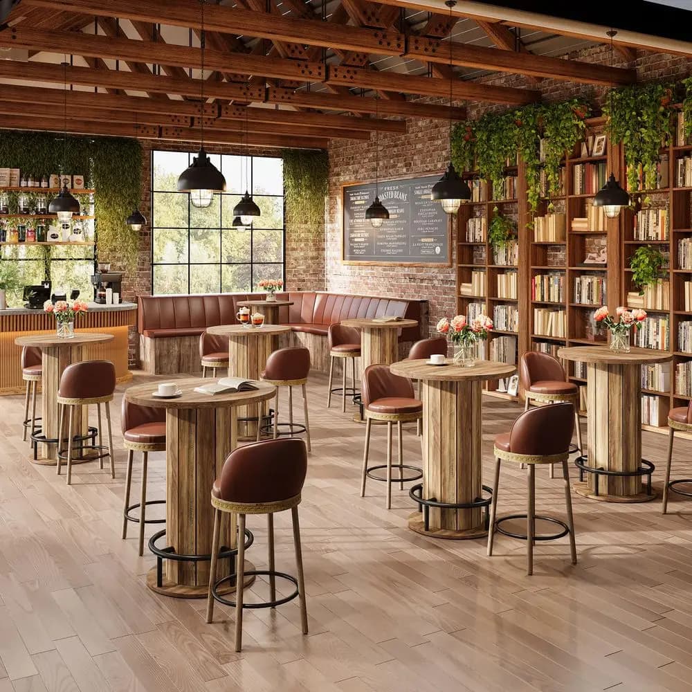 Set Tavolo da Pranzo Rotondo con 4 Sedie, Tavolo da Cucina Commerciale Altezza Bar con Base in Legno e Poggiapiedi, per Sala da Pranzo, Ristorante