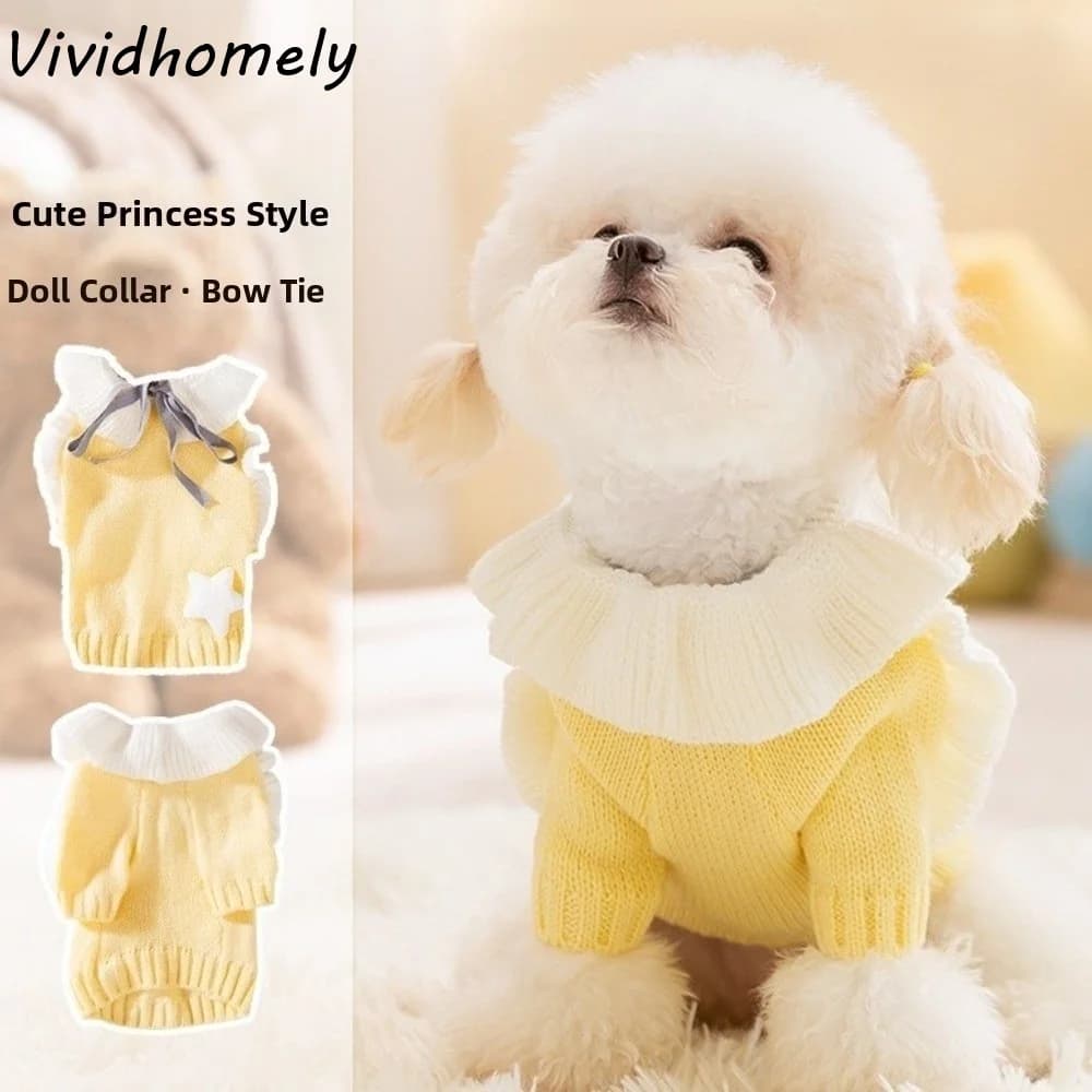 Princess Style Dog Knitted Sweater Soft Warm Two Legs Dog Clothes Star Pattern Ruffled Collar Dog Lapel Dress Small Dogs Cats