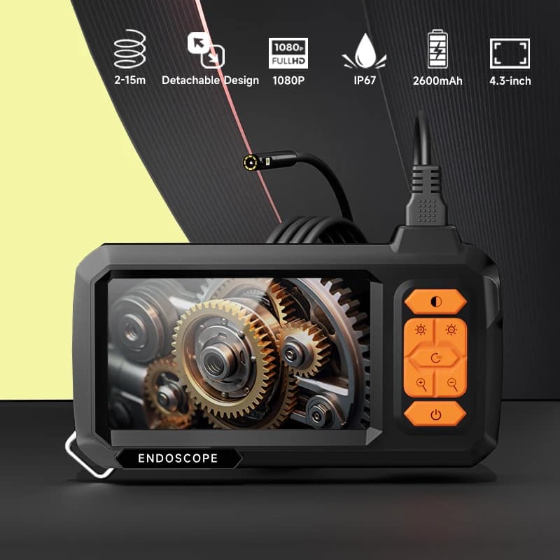 Telecamera Endoscopica Industriale con Schermo IPS da 4.3'', Design Separato, Cavo Rigido da 2-100m, Impermeabile, per Ispezione Auto e Tubi, Boroscopio 8mm