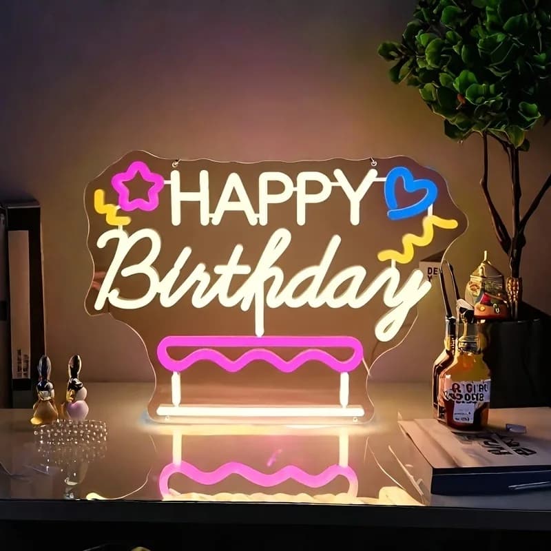 Insegna al Neon 'Buon Compleanno' con Motivo Torta Dimmerabile, Decorazione Murale Colorata, Ideale per Sfondi per Feste e Compleanni in Camera da Letto
