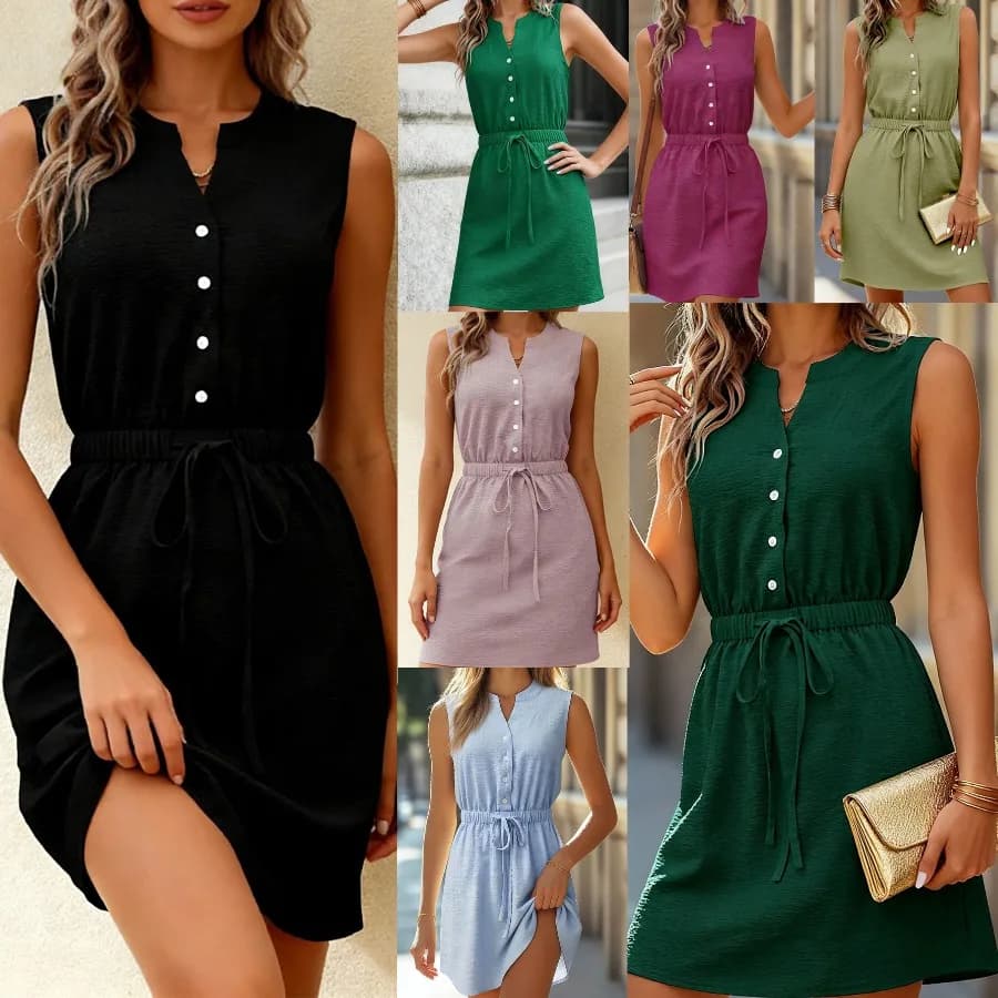 【New style】2026 spring polyester sleeveless V-neck temperament commuting short skirt drawstring waist European and American - e