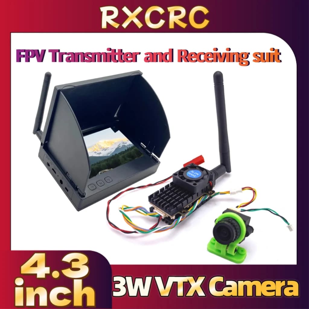 VTX RXCRC 5.8G 3W video transmitter with 2.5 mm 1200TVL lens and 4.3 inch FPV screen. For RC FPV drones with fixed wing.