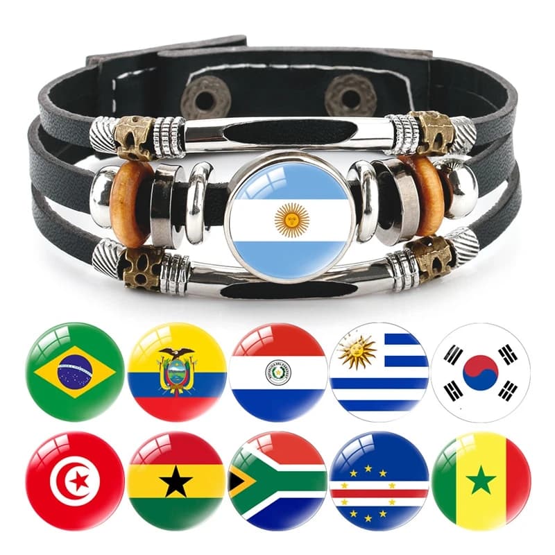Braccialetto con Bandiera Nazionale di America, Canada, Spagna, Bracciali e Braccialetti con Charm Fatti a Mano per Partite di Calcio, Gioielli in Pelle per Donne e Uomini