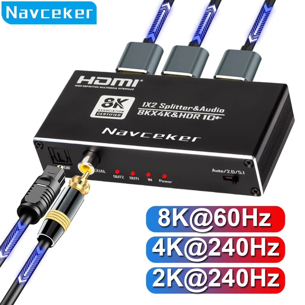 Splitter HDMI 8K Navceker 1x2, 4K 240Hz, Estrattore Audio HDMI, Convertitore da HDMI a Ottico per Laptop, Apple TV, XBox, PS5