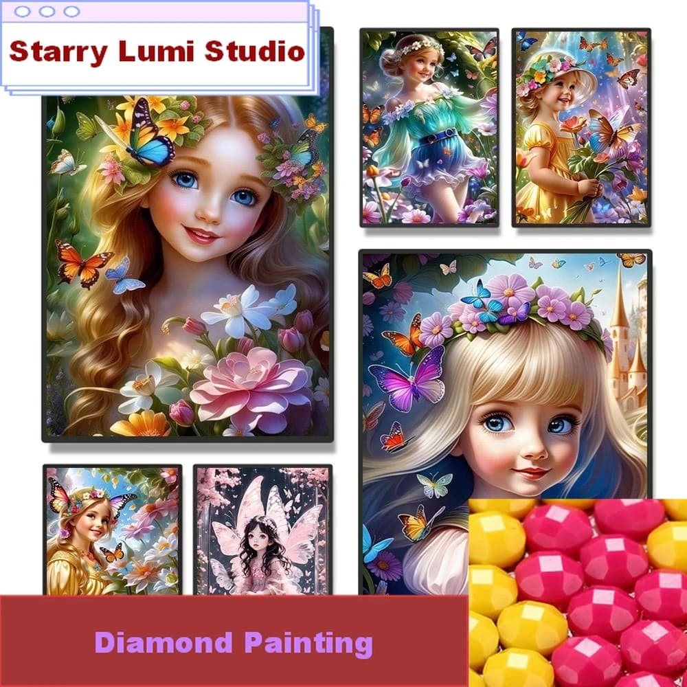 Kit di Pittura Diamantata 5D con Ragazza Cartoon e Gatti, Immagine HD per Bambini, Mosaico Diamantato Fai-da-Te