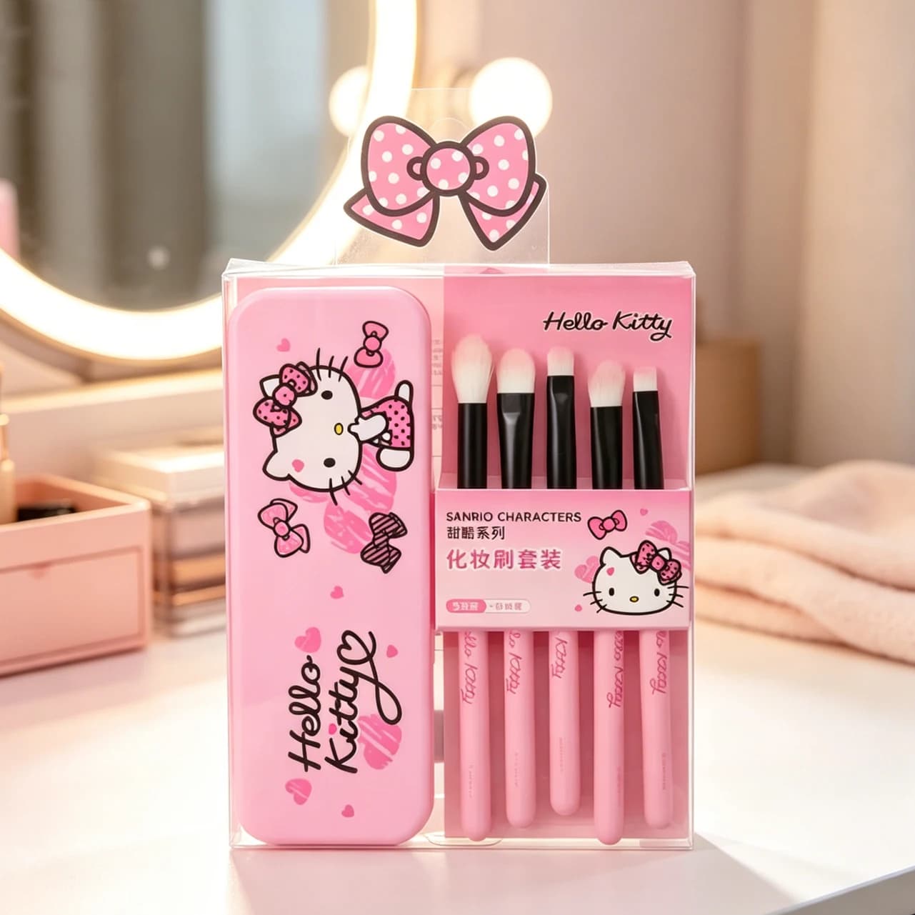 Hello Kitty 5Pcs Makeup Brushes Set Soft PBT Hair With Mirror Case Portable Travel Eyeshadow Brushes