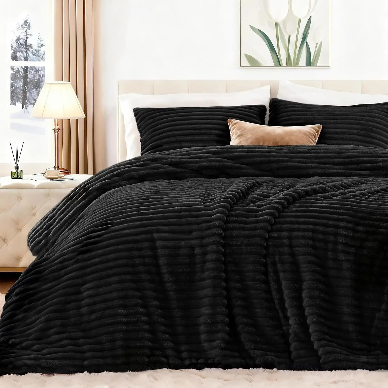 Super Soft Faux Fur Stripe Comforter Set Queen Size - 3 Pieces Black Fleece Bedding, Winter Warm Bed Set with 2 Pillowcases