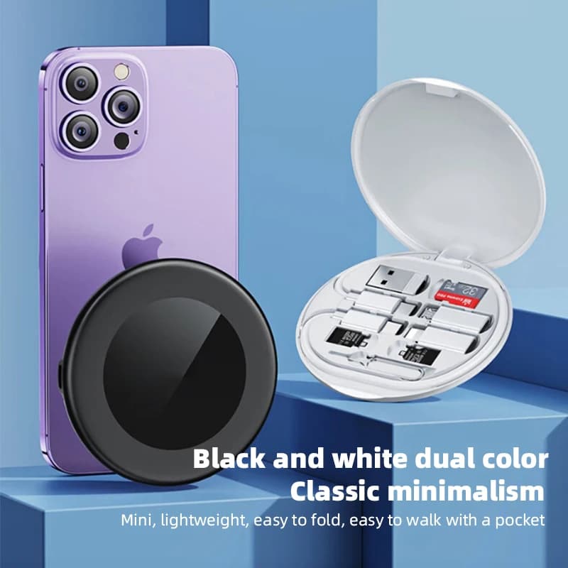 Scatola portaoggetti multifunzione all-in-one con ricarica wireless, organizer portatile da viaggio per cavi, slot per scheda SIM, adattatore universale multiplo.