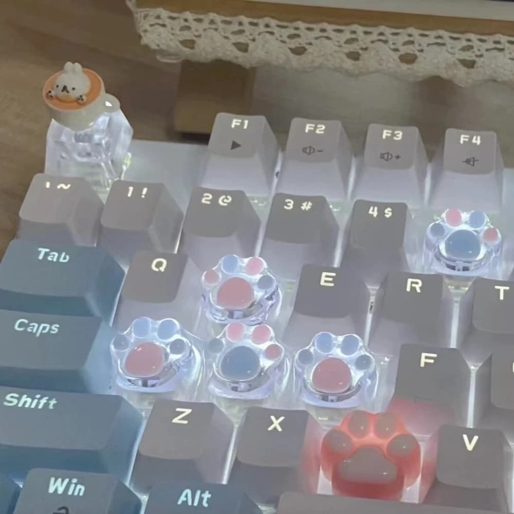 Keycap Trasparente a Forma di Zampa di Gatto Rosa, Keycap in Resina per Tastiera Meccanica con Switch MX, Keycap Femminili, Keycap Kawaii