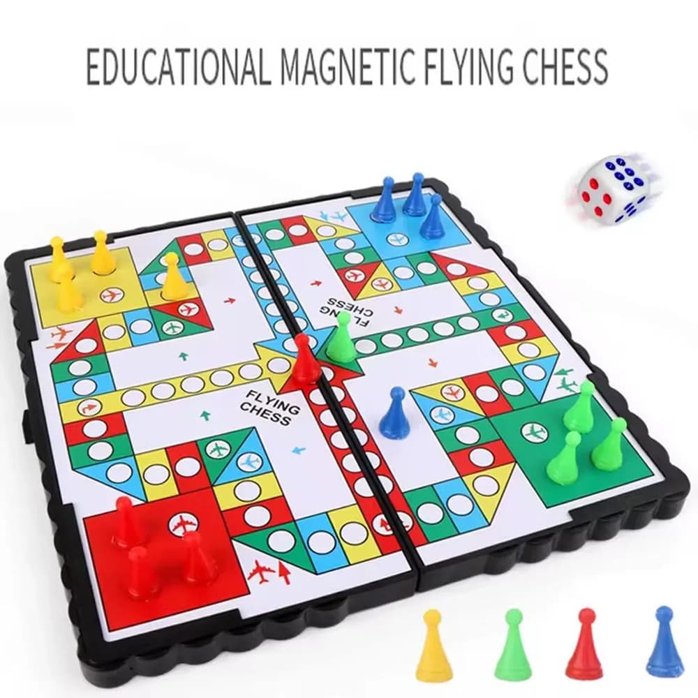 Set di scacchi magnetici pieghevoli, tappetino da gioco, gioco da tavolo portatile Ludo, gioco da viaggio per il campeggio, scacchi da aereo