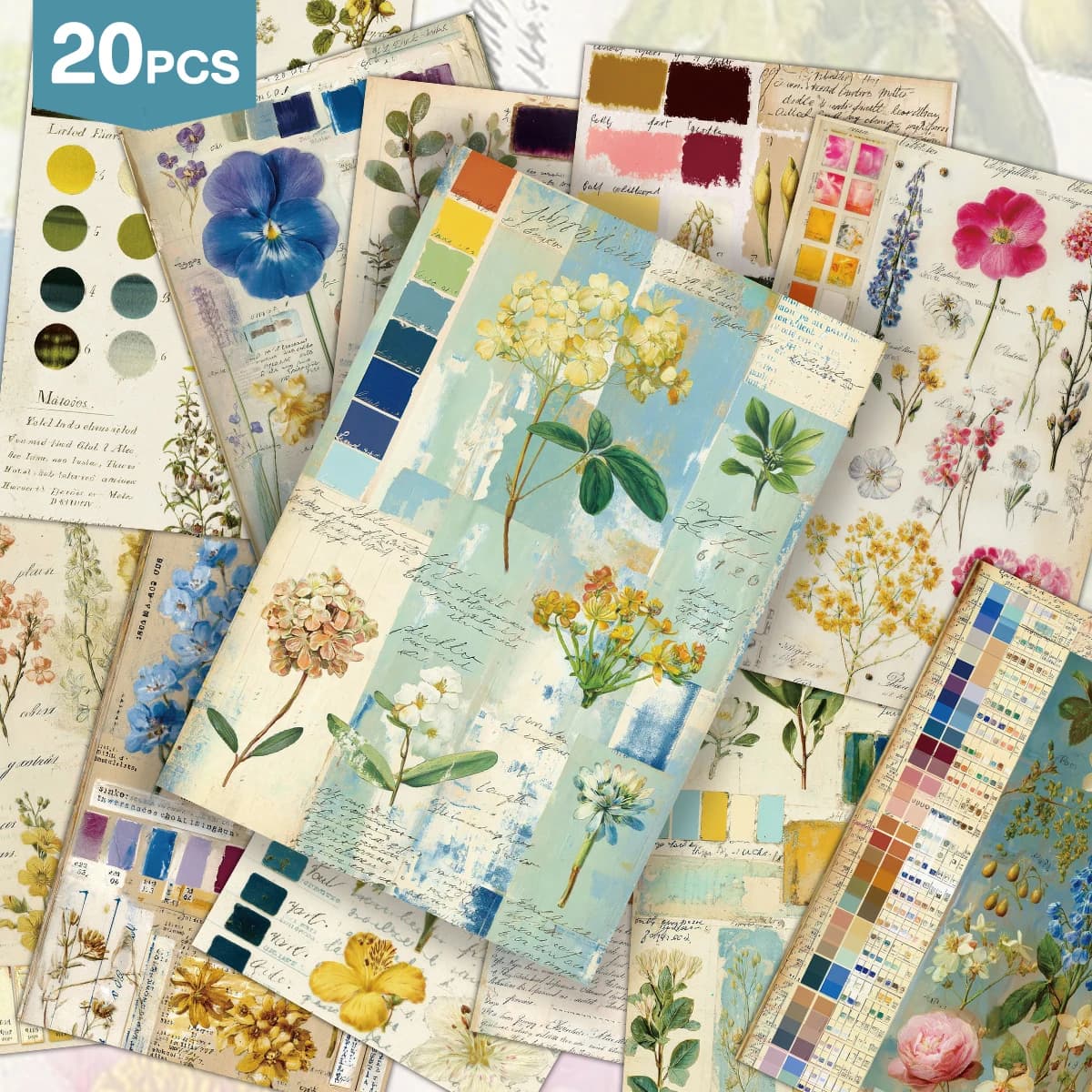 20pcs Vintage Color Palette Floral Art Cards,For Scrapbook,Journaling&Gifts Giving,Party Invitation Cards,For Home,Studio Decor