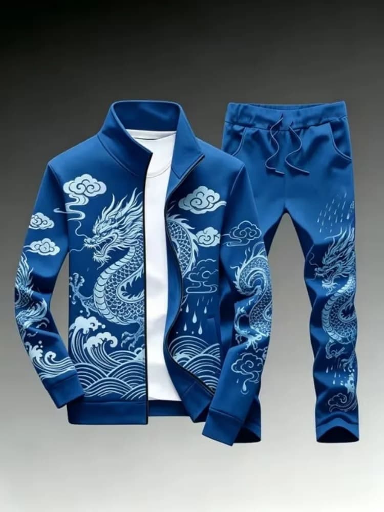 Plus Size Men's Casual Dragon Print Tracksuit Full Zip Jacket & Drawstring Pants Set Streetwear Outfit for Daily Wear Tracksuits