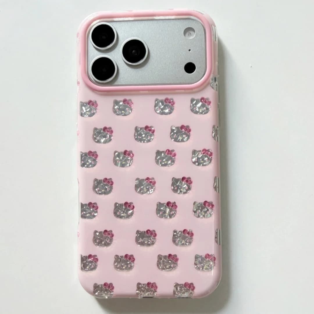 Korean INS Full Screen Silver Foil Hello Kitty Head Phone Case For iphone 17 Pro Max 16 15 17 Cute Cartoon Girl Shockproof Cover
