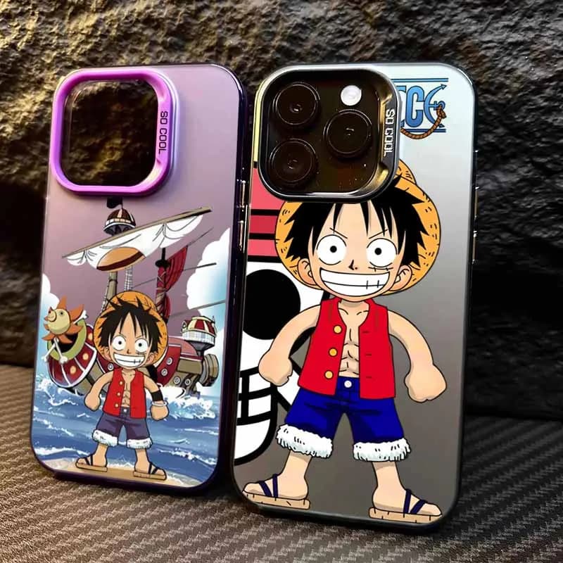 Cover per iPhone Apple con design Anime Luffy One Piece, colorata e argentata, per modelli 17, 17 Air, 16E, 16, 15, 14, 13, 12 mini, Pro, Max, Plus