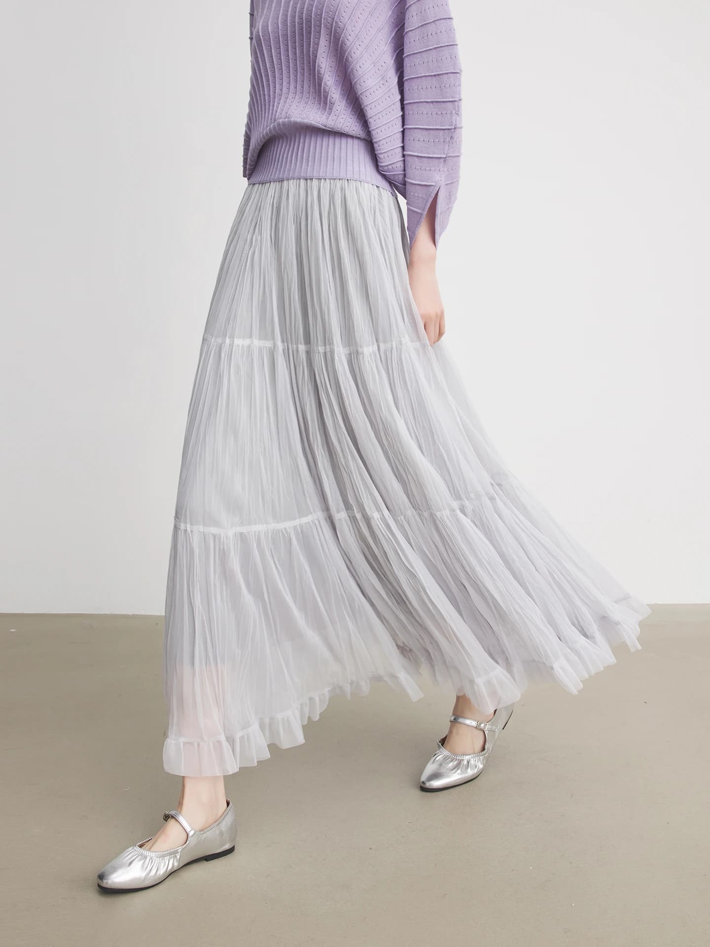 Annata Gonna Lunga Leggera in Chiffon Grigio con Pizzo, Gonna Primaverile Sottile da Donna, Traspirante e Comoda, a Vita Alta, Modello A-Line