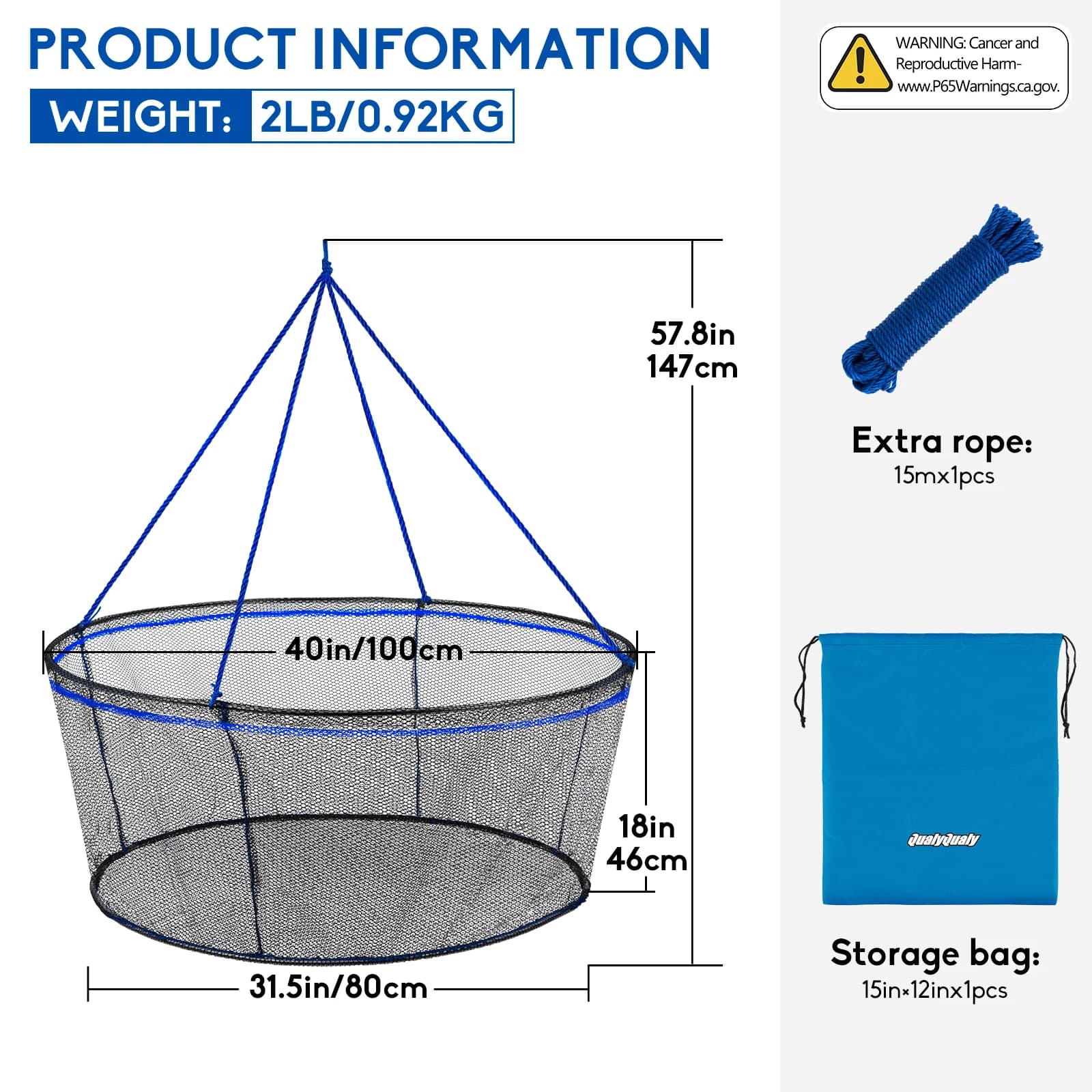 Foldable Fishing Net Landing Fishing Pier Nets with Rope 40in 100cm Drop Net for Pulling Up Fish Portable Bridge Fishing Net