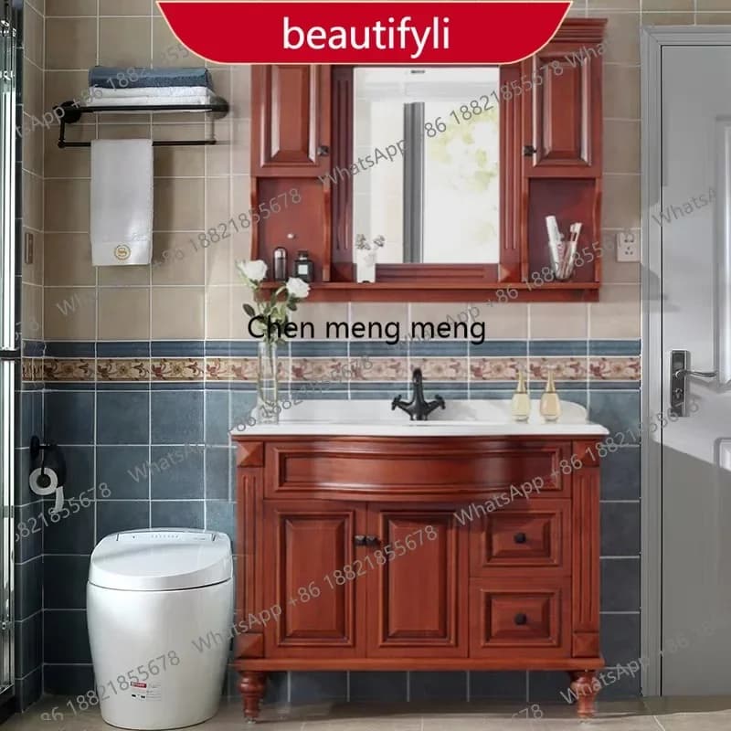PP American oak bathroom cabinet, smart mirror cabinet, curved solid wood floor-to-ceiling marble washbasin cabinet