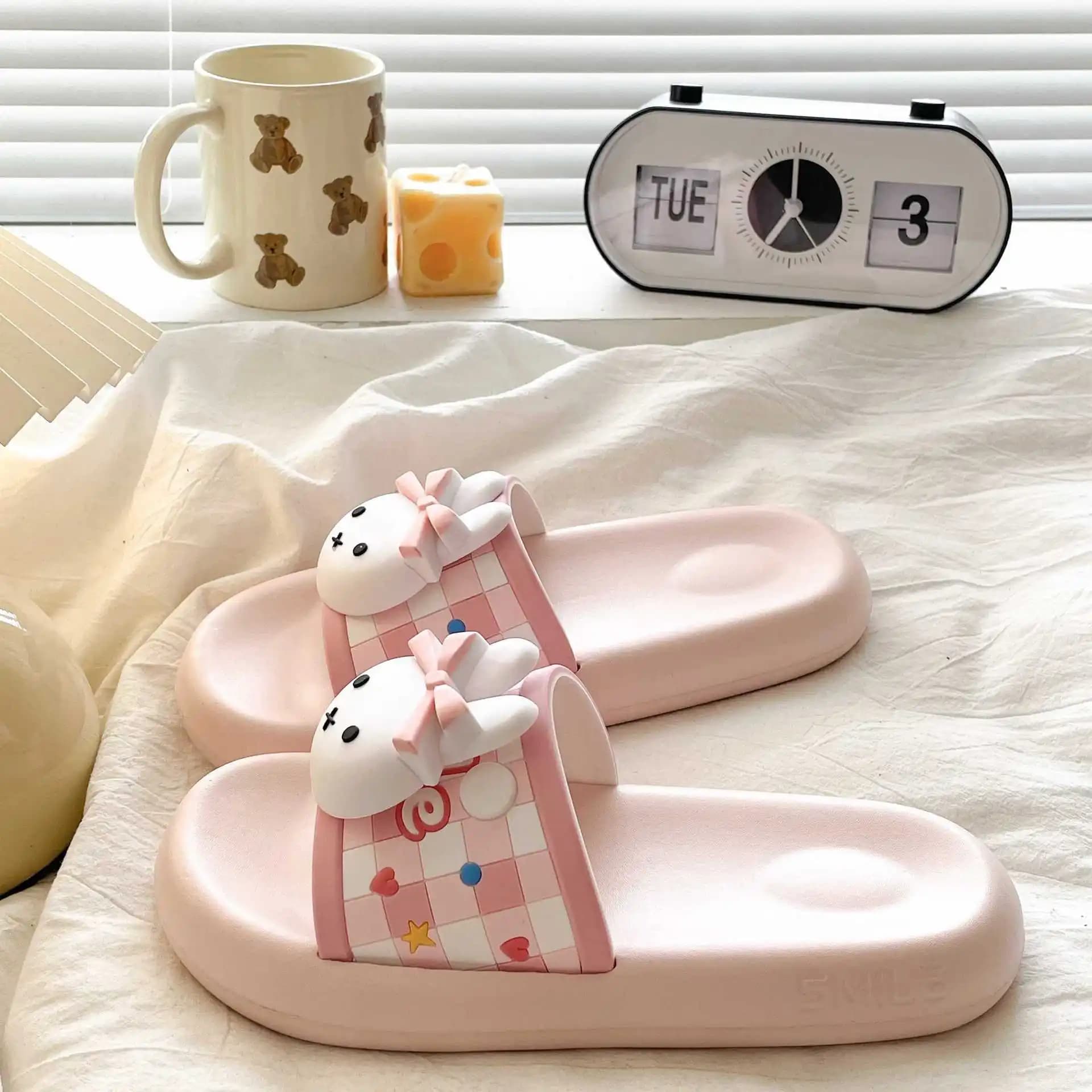 Ciabatte estive da donna con fiocco scozzese e coniglietto, fresche, comode, anti-odore, per il tempo libero