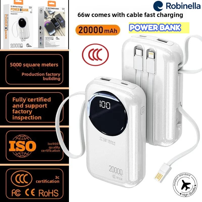 2025 Nuovo 20000mAh/74Wh Cavi integrati certificati 3C Mini Power Bank con cordino 22,5W Ricarica super veloce portatile