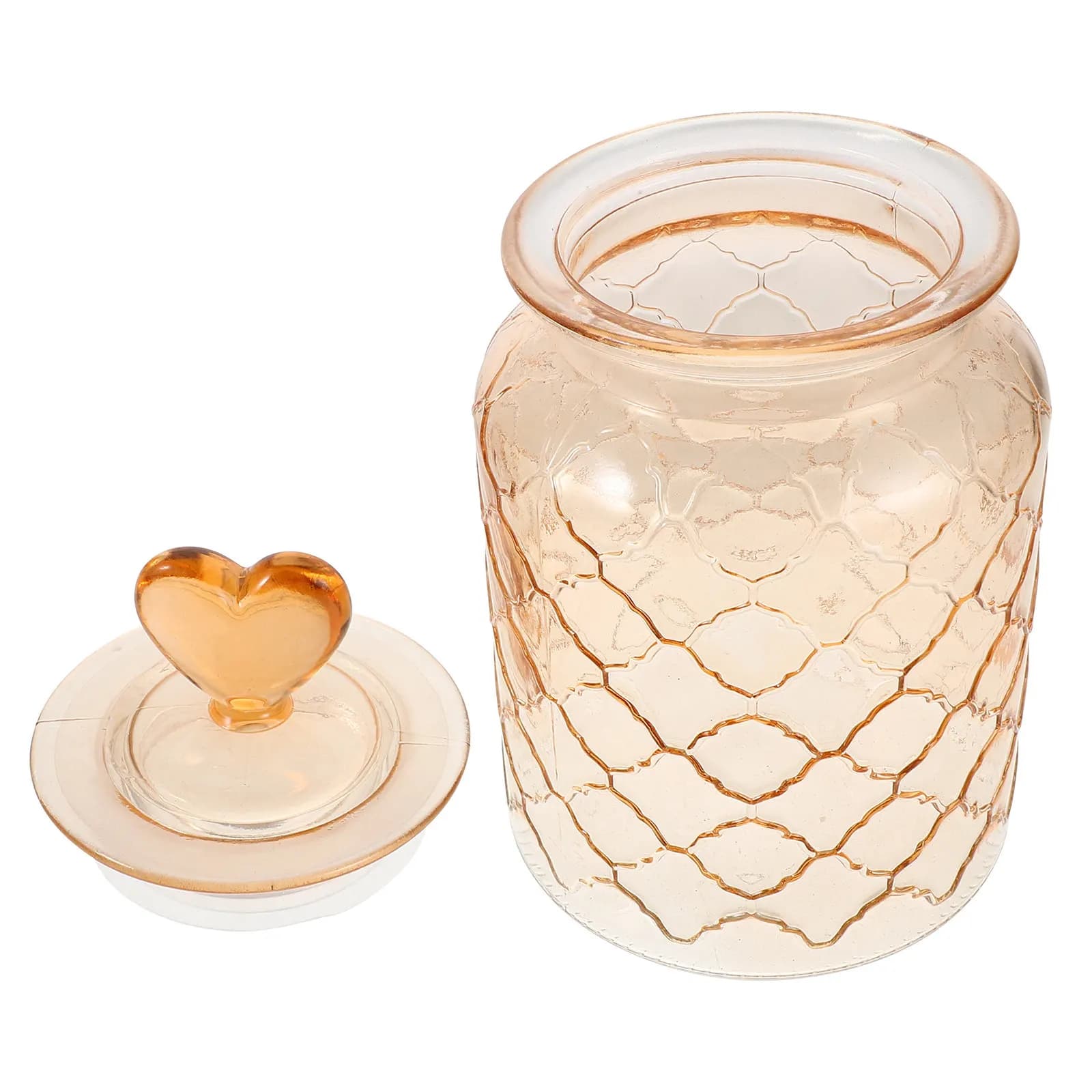 950Ml Amber Glass Airtight Storage Jar Heart Shaped Handle Textured Grid Design for Coffee Beans Tea Snacks Pantry Organization