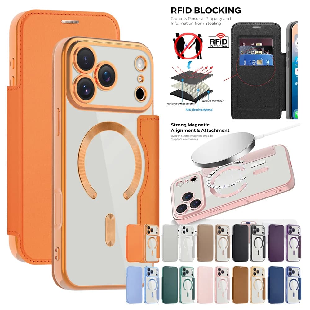Transparent Flip Leather Magnetic Case for IPhone 17 Promax Air 17e 16e 16 Pro Max 15 14 Plus 13 12 PM for Magsafe Phone Cover