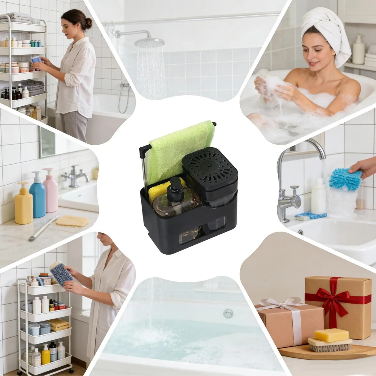 Set Dispenser Sapone per Mani e Piatti, Dispenser Doppio con Porta Spugna e Porta Panno 4 in 1 per Lavello e Piano di Lavoro della Cucina