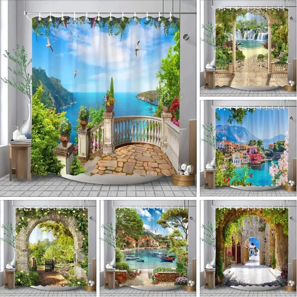 Mediterranean Seaside Arch Landscape Print Waterproof Fabric Shower Curtain For Bathroom Decor