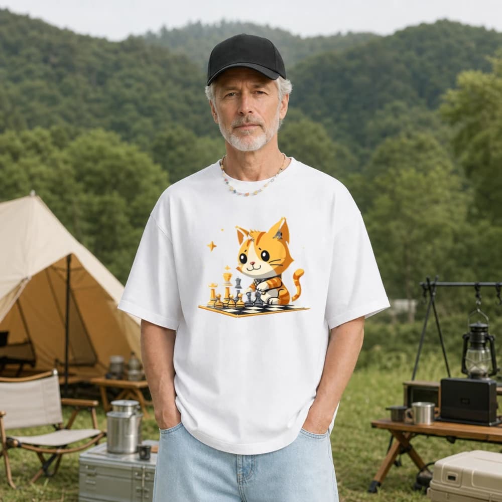 Cute Cartoon Orange Cat Playing Chess Graphic T-Shirt Cotton Crew Neck Short Sleeve Lovely Animal Chess Board Print Unisex Tops