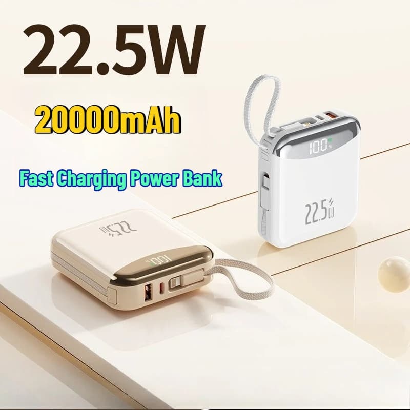 Power Bank da 22.5W con Ricarica Super Veloce e Cavo Integrato, 20000mAh, Portatile, Ultra-Sottile e Mini