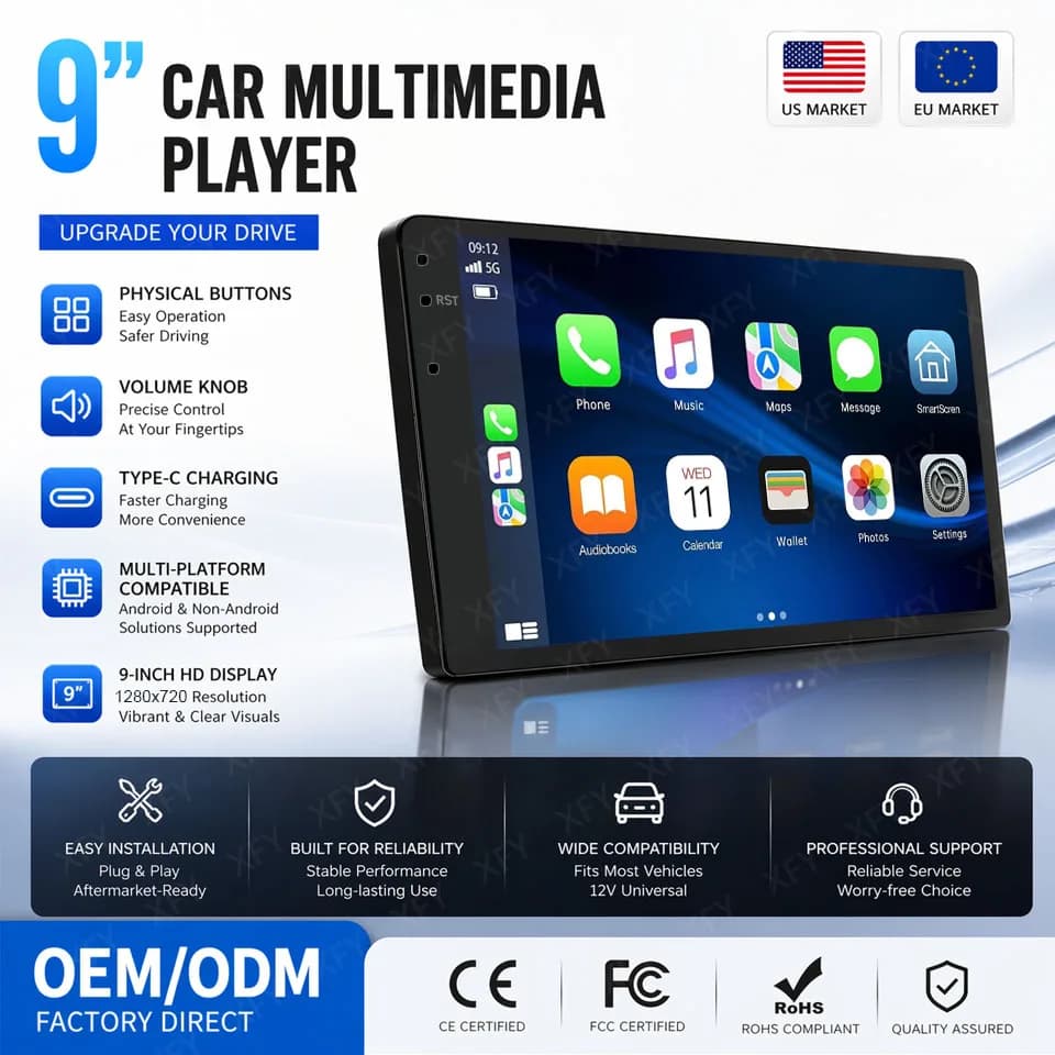 Autoradio 2Din Android 14 con Carplay, Lettore Multimediale Universale 9/10 Pollici, Navigazione GPS, DSP, WiFi, 8 Core, AutoRadio 4G