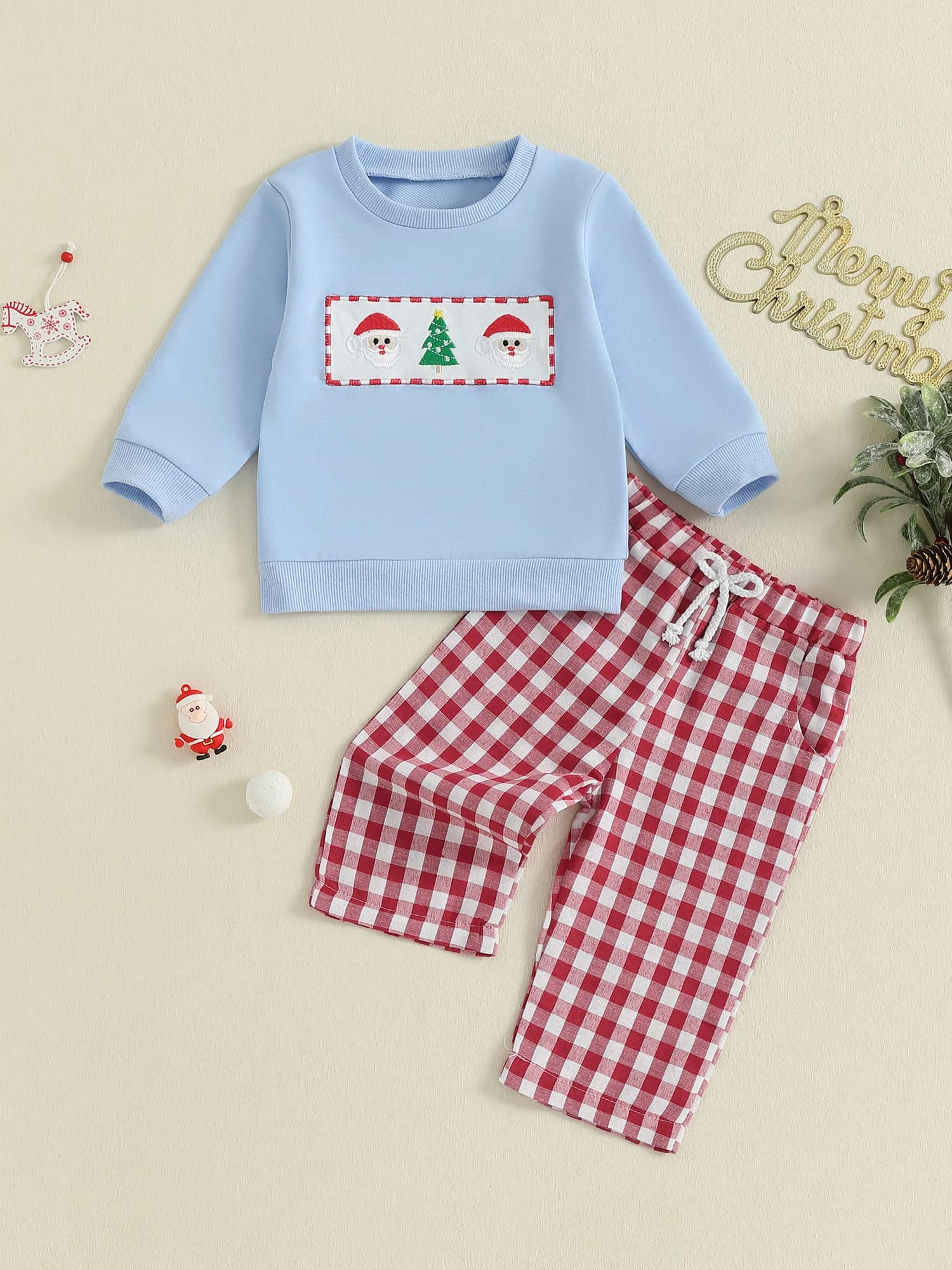 Completi natalizi per neonato, felpa con cappuccio con applicazioni di renne, pantaloni scozzesi in vita con coulisse, set da 2 pezzi per le vacanze invernali