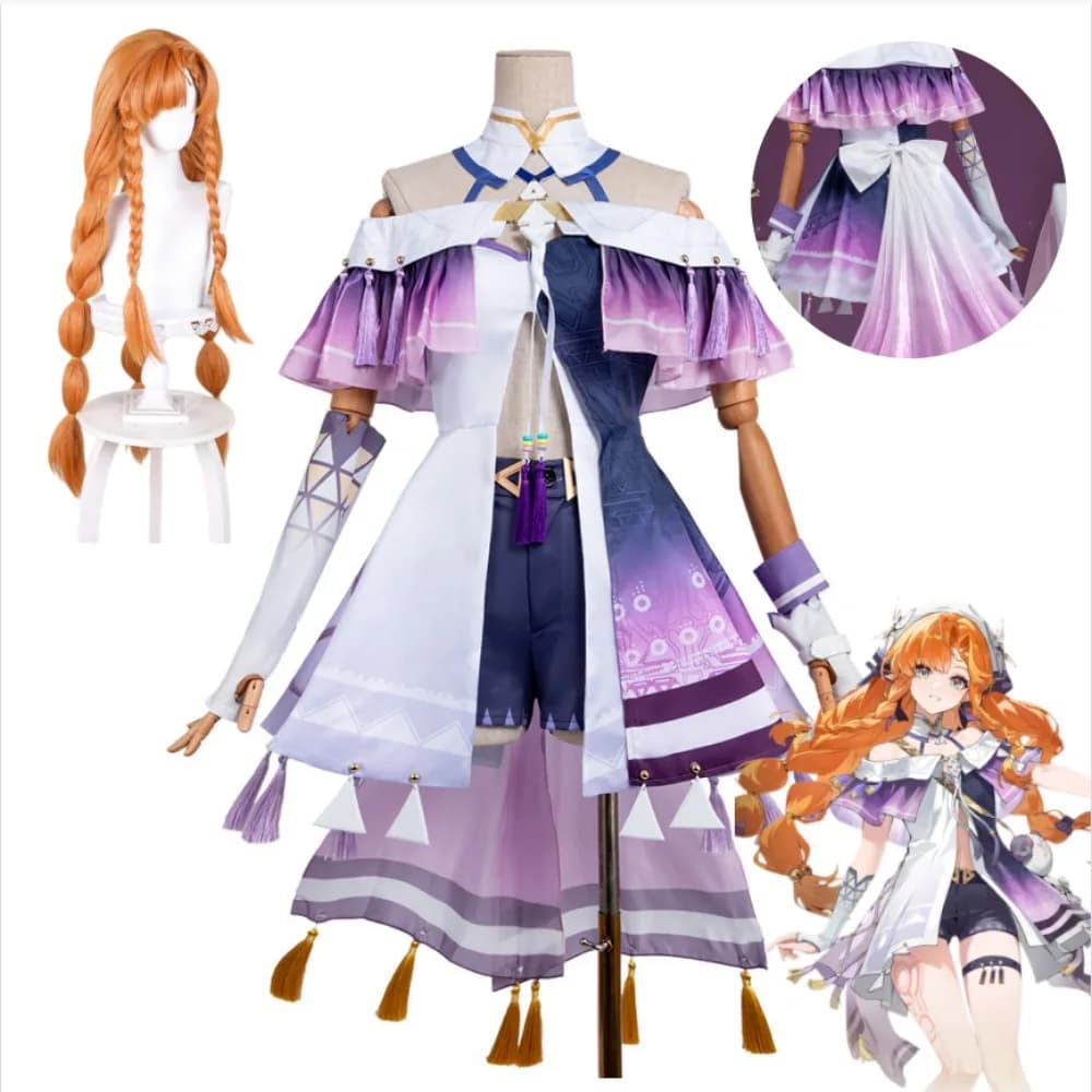 Costume Cosplay Sigrika di Wuthering Waves, Set con Scialle Viola, Top, Pantaloni, Accessori con Fiocco e Parrucca per Spettacoli Teatrali