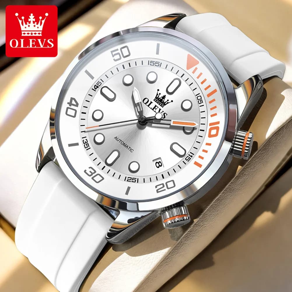 Orologio OLEVS 6751 con movimento meccanico originale da uomo, cinturino in silicone, funzione luce notturna, finestra luminosa con calendario.