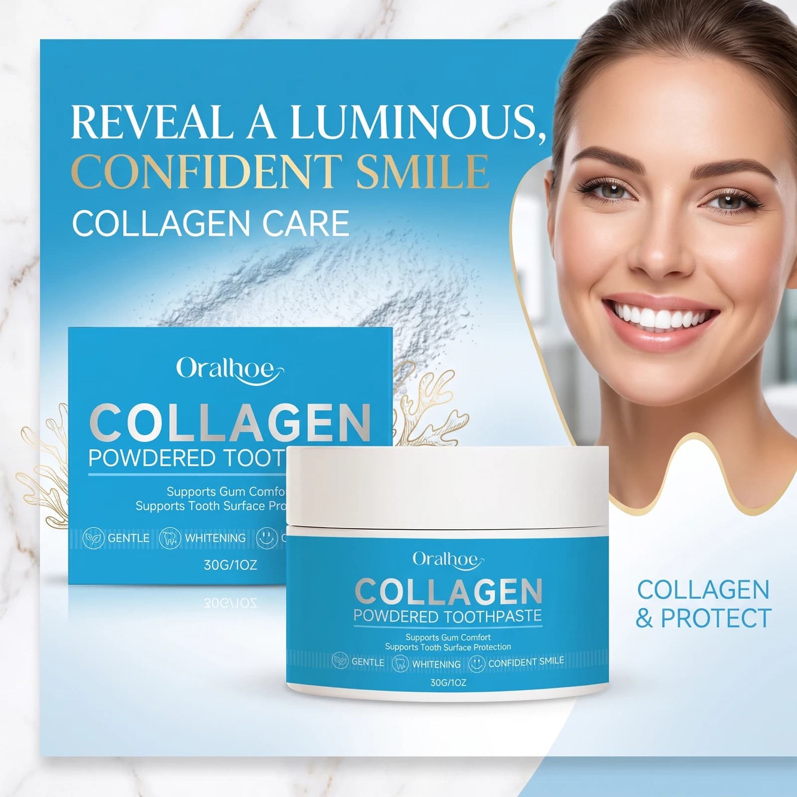 Oralhoe Collagen Tooth Powder Mint Gentle Cleansing Stain Removal Fresh Breath Natural Brightening Enamel Safe Daily Oral Care