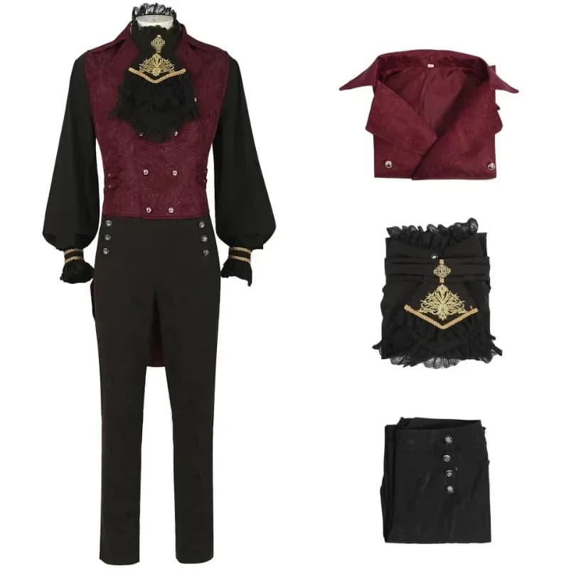 Set di costumi gotici da uomo frac da gentiluomo medievale nero camicia nera Steampunk costume cosplay da vampiro di Halloween vendita calda