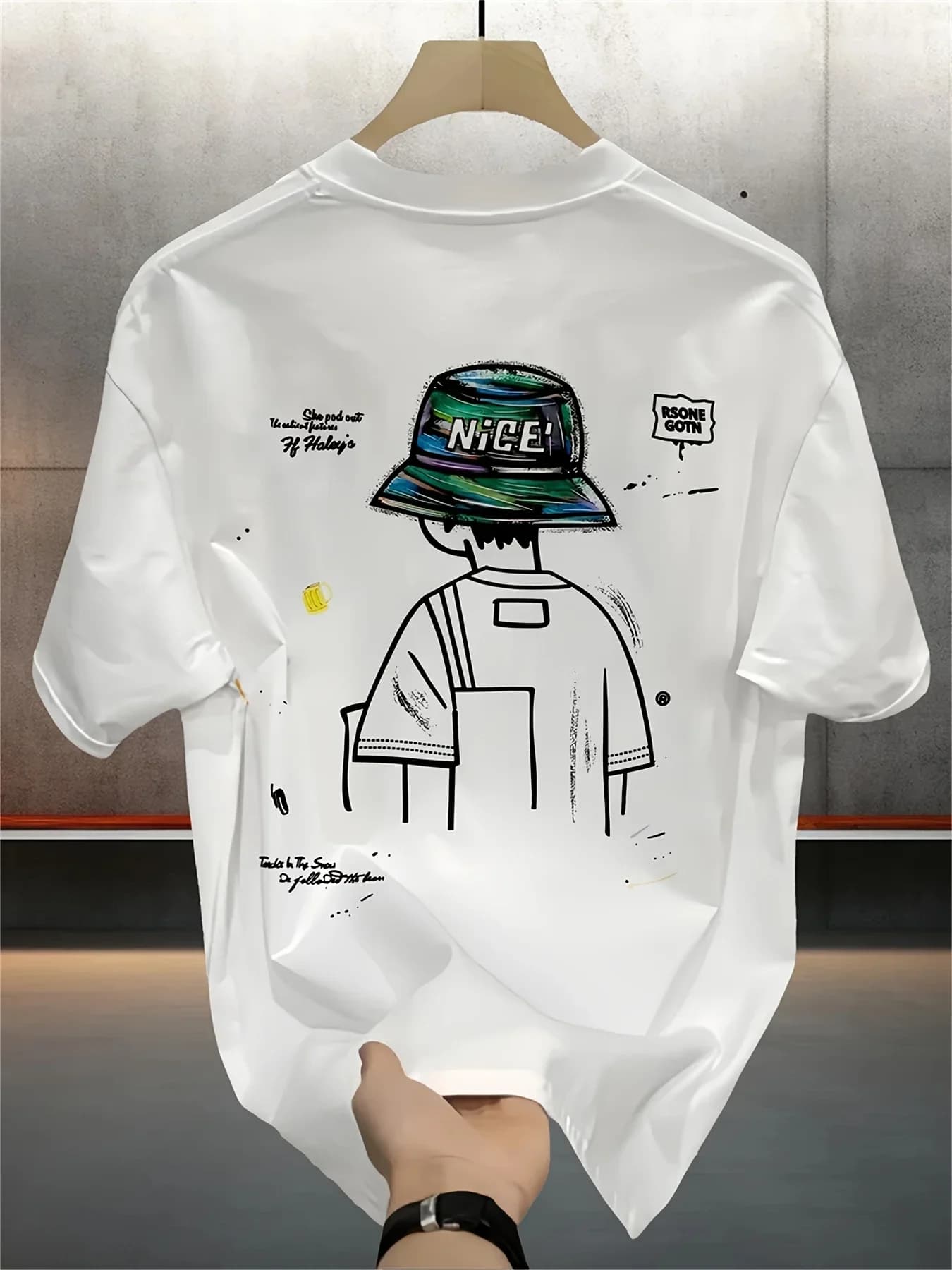 Kpop Streetwear Men 100% Cotton T-shirt Bucket Hat Cartoon Back Print Simple Crew Neck Casual Short Sleeve Tee