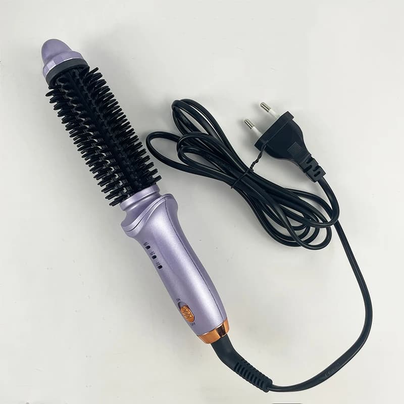 Ceramic portable curling iron and electric stick for straightening, function 2 in 1 with metal handle and nylon brush