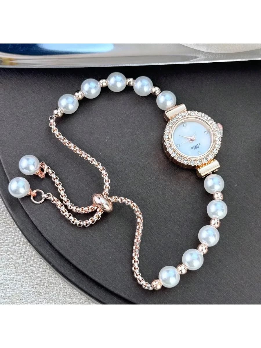 1pc Women's Rose Gold & White Bead Ladylike Style Quartz Watch, Delicate Crystal-Encrusted Case, Minimalist Mother-Of-Pearl