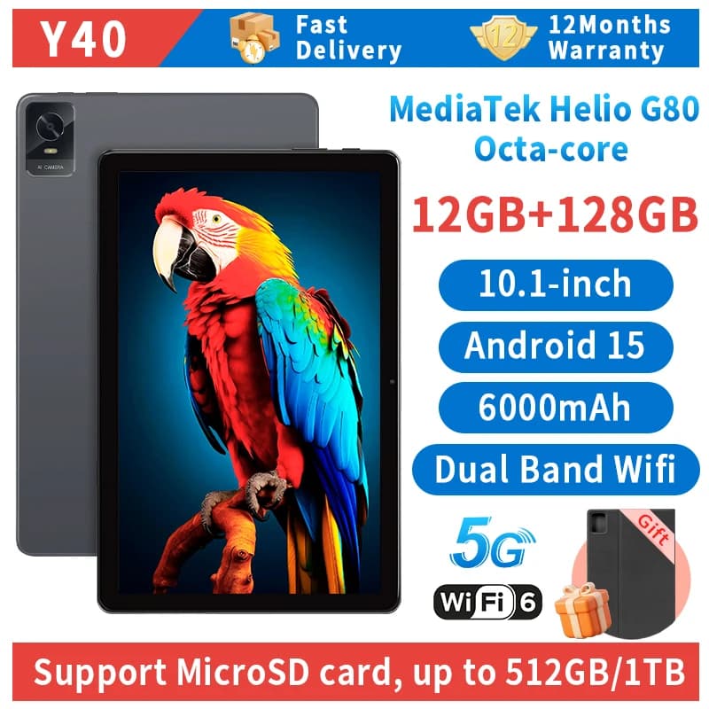 Versione globale 2025, Tablet Android 15 da 10,1 pollici 12 GB (6 GB + 6 GB) + 128 GB 6000 mAh Batteria 5G Wifi 512 GB Espandi 5 MP + 13 MP Doppia fotocamera