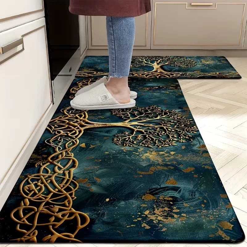 For games room, classroom, bathroom, dining table - Non-slip Kitchen Mats Life Tree - Washable polyester carpets in washing machine