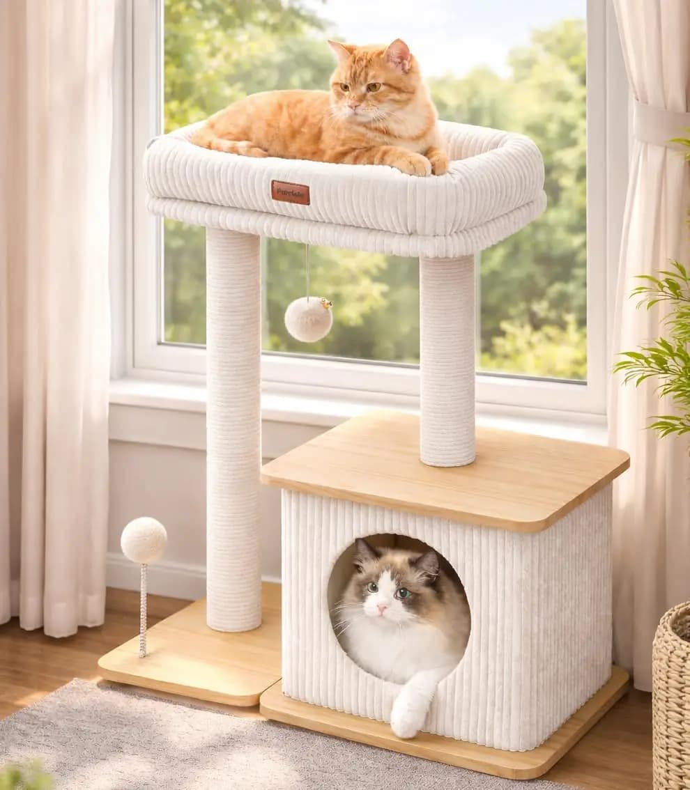 Albero per Gatti in Legno Stile Nordico con Pali in Sisal, Letti Morbidi e Cucce per Gatti da Interno - Torre da Terra