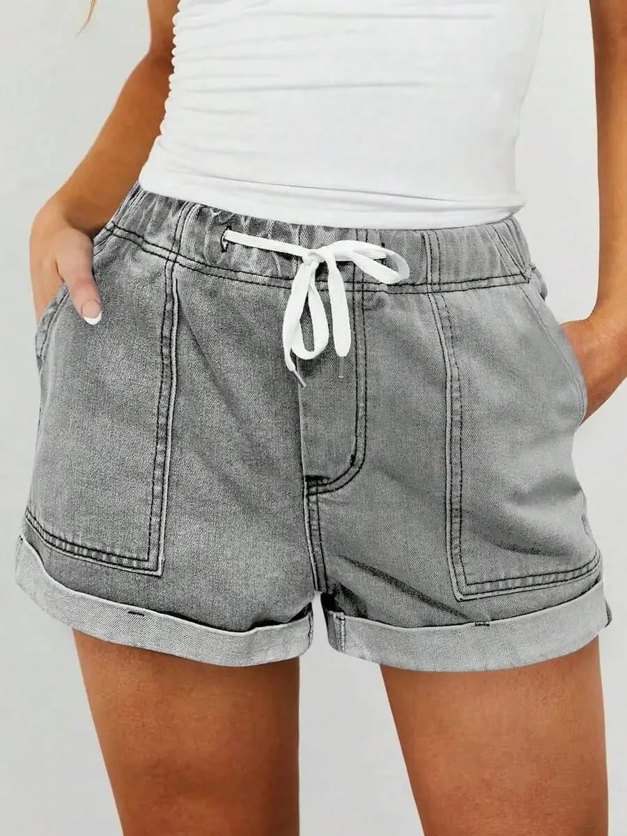 Women's Lightweight Summer Denim Shorts, Casual Loose Drawstring Elastic Waist, Cuffed Hem, Comfortable Vacation Denim Style