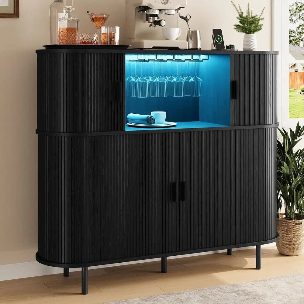 55 LED-lit Wine & Liquor Cabinet with Coffee Bar, Power Outlet, and Glass Holder for Home Bar or Living Room