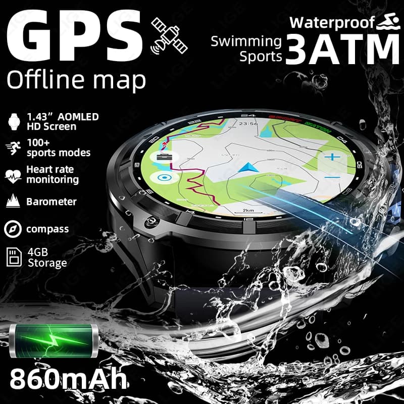LIGE 2026 Smartwatch Militare con Mappe Offline, Batteria da 860mAh, Tracker Sportivo per Nuoto, Navigazione GPS, Memoria da 4GB, Lettore MP3/MP4